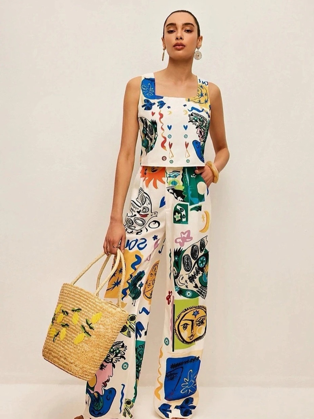 NWT Commense Graphic Print Crop Top With Wide-Leg Pants Set Size S